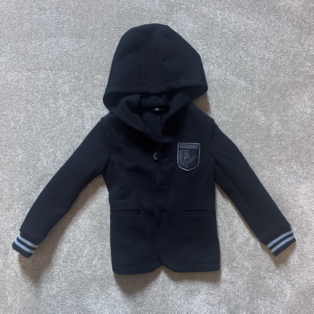 Emporio Armani Boys Black Hooded Blazer with Gray Stripe Cuffs